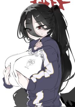 1girl :o black_hair blue_archive breasts from_side hair_between_eyes hand_on_own_hip hasumi_(blue_archive) hasumi_(track)_(blue_archive) highres large_breasts long_hair non-web_source ponytail red_eyes samsick simple_background solo solo_focus white_background