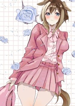 1girl animal_ears blue_eyes blush bow breasts brown_hair cheval_grand_(umamusume) closed_mouth collared_shirt flower hair_between_eyes hat highres holding holding_unworn_clothes holding_unworn_hat horse_ears horse_girl horse_tail jacket long_hair looking_at_viewer medium_breasts multicolored_hair open_clothes open_jacket pink_bow pink_jacket pink_shirt pink_skirt riiko25chan shirt skirt solo streaked_hair tail umamusume unworn_hat unworn_headwear white_hat