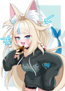 Rule 34 | 1girl, absurdres, ahoge, animal ear fluff, animal ears, black shorts, black sweater, blonde hair, blue bow, blue eyes, blue hair, blunt bangs, bow, cat ears, fins, fish girl, fish tail, hair bow, highres, indie virtual youtuber, lifebuoy hair ornament, looking at viewer, multicolored hair, one side up, open mouth, rei (2812q), sameko saba, short hair, shorts, solo, streaked hair, sweater, tail, trading card, very short hair, virtual youtuber, white hair, yu-gi-oh!