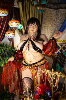 1girl asian belly belly_dancer black_hair breasts chouzuki_maryou cleavage highres large_breasts lipstick makeup photo_(medium) plump solo thick_thighs thighs underboob