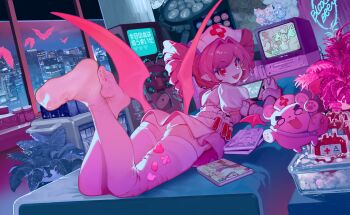 1girl absurdres ass back bed blood blood_bag book building buro_(muse_dash) buro_(nocturne_bloodheir)_(muse_dash) city city_lights cityscape controller crossed_ankles crt dress drill_hair fangs feet feet_up figure flask from_behind full_body game_cg game_console game_controller handheld_game_console hat highres holding holding_handheld_game_console indoors leather_belt legs_up looking_at_viewer looking_back low_wings lying manga_(object) muse_dash nail_polish neon_sign night no_shoes nurse nurse_cap official_art ola_(muse_dash) on_bed on_stomach open_mouth otaku_room pink_hair plant pointy_ears poster_(object) red_eyes red_hair round-bottom_flask skyline skyscraper solo television test_tube the_pose thighhighs thighs toenail_polish toenails toes vial white_thighhighs wings zettai_ryouiki