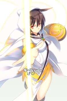 1girl armor armored_dress black_boots black_hair boots breastplate breasts brooch capelet dress echo_(circa) energy_wings fate/grand_order fate_(series) head_wings hood hooded_capelet jewelry large_breasts looking_at_viewer ortlinde_(fate) pelvic_curtain polearm red_eyes shield short_hair simple_background solo spear thigh_boots thighs valkyrie_(fate) weapon white_capelet white_dress wings