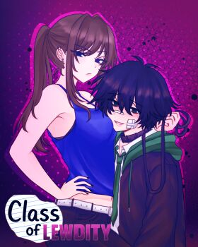 1boy 1girl absurdres bandage_on_cheek bandage_on_nose belt black_eyes black_hair black_nails blue_eyes blue_tank_top breasts brown_hair class_of_09 collar commentary crossover dated_commentary degrees_of_lewdity ear_piercing english_commentary green_necktie hair_between_eyes highres holding holding_leash hood hoodie kylar_(degrees_of_lewdity) kylar_(male)_(degrees_of_lewdity) leash navel necktie nicole_(class_of_09) open_mouth piercing ponytail ruruchi0411 smile tank_top white_belt