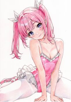 1girl absurdres ballerina breasts cleavage highres leotard panties pink_hair pink_leotard twintails underwear white_panties
