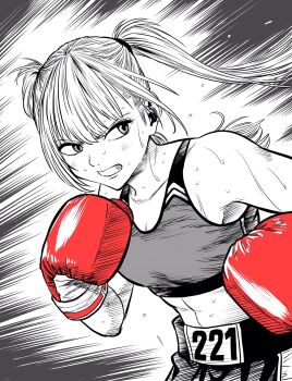1girl boxing boxing_gloves boxing_shorts breasts commentary fighting_stance flying_sweatdrops gloves greyscale hatching_(texture) highres lee_(dragon_garou) linea_alba medium_breasts monochrome motion_lines mouth_guard original red_gloves serious shorts solo speed_lines sports_bra spot_color sweat twintails upper_body very_sweaty