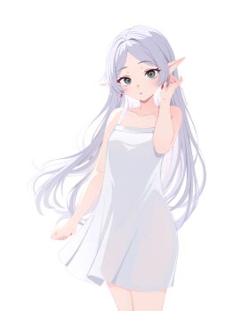 Rule 34 | 1girl, :o, absurdres, blush, collarbone, commentary, dress, earrings, elf, english commentary, frieren, green eyes, grey hair, hand up, highres, jewelry, long hair, looking at viewer, parted bangs, pointy ears, solo, sousou no frieren, standing, teardrop earrings, vivianvalenart, white dress