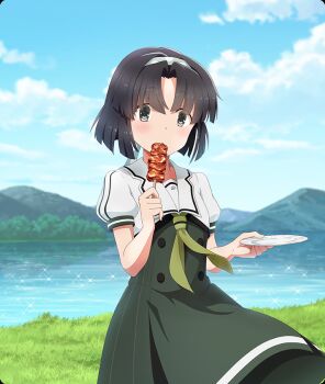 1girl black_hair blue_sky blush buttons cloud cowboy_shot day dot_nose double-breasted eating food game_cg grass green_hairband green_skirt grey_eyes hairband heijou_institute_school_uniform high-waist_skirt holding holding_plate holding_skewer lake looking_at_viewer meat mountainous_horizon musumi_kiyoka nature non-web_source official_art outdoors parted_bangs plate polka_dot_hairband school_uniform shirt short_hair short_sleeves skewer skirt sky solo sparkle summer_uniform third-party_source toji_no_miko toji_no_miko:_kizamishi_issen_no_tomoshibi white_shirt