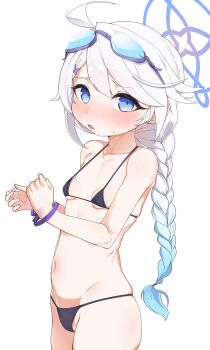 1girl aged_down ahoge bare_shoulders bikini black_bikini blue_archive blue_eyes blue_hair blue_halo blush bracelet braid breasts collarbone cowboy_shot eyewear_on_head goggles goggles_on_head gradient_hair groin hair_between_eyes hair_ornament hairclip halo jewelry kirino_(blue_archive) kirino_(swimsuit)_(blue_archive) loli long_hair looking_at_viewer micro_bikini multicolored_hair navel nose_blush open_mouth parted_lips rinki_(rink2) simple_background single_braid small_breasts solo stomach sweatdrop swept_bangs swimsuit twin_braids two-tone_hair white_background white_hair