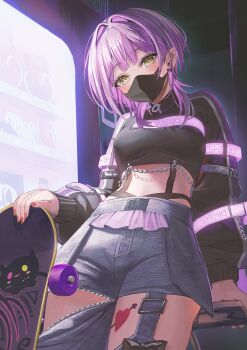 1girl alternate_costume barbell_piercing black_mask black_shirt blue_pants breasts center-flap_bangs clothing_cutout colored_inner_hair commentary cropped_shirt demon_girl demon_tail denim detached_pants double-parted_bangs ear_piercing earrings green_eyes hair_intakes highres holding holding_skateboard hololive industrial_piercing jeans jewelry leg_cutout long_sleeves looking_at_viewer mask medium_breasts midriff mouth_mask multicolored_hair nail_polish orange_nails pants piercing pink_hair pointy_ears puffy_long_sleeves puffy_sleeves purple_hair sanada_keisui shirt short_hair skateboard solo symbol-only_commentary tail tokoyami_towa tokoyami_towa_(shinier) torn_clothes torn_pants virtual_youtuber