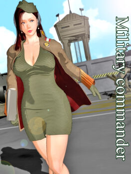 1girl blue_eyes breasts brown_hair cleavage dress earrings garrison_cap gloves hat jacket jewelry kill_the_king large_breasts long_hair mature_female military military_uniform mole mole_under_mouth solo uniform