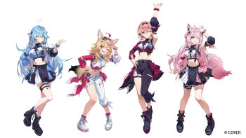 4girls :d ;d ahoge animal_ears antenna_hair asymmetrical_clothes asymmetrical_sleeves black_pants black_shirt black_skirt boots collared_shirt color-coded commentary_request company_name concert copyright_notice coyote cropped_shirt detached_sleeves elf full_body hair_wings hakui_koyori highres hololive hololive_idol_uniform_(color_rise) idol idol_clothes lace-up_boots long_hair looking_at_viewer midriff miniskirt mismatched_sleeves multicolored_shirt multiple_girls navel official_alternate_costume official_art omaru_polka one_eye_closed open_mouth pants platform_boots pointy_ears puffy_detached_sleeves puffy_short_sleeves puffy_sleeves r1zen shirt short_hair short_sleeves simple_background single_detached_sleeve single_pantsleg single_sleeve skirt smile standing tail takane_lui thighhighs very_long_hair virtual_youtuber white_background white_shirt white_thighhighs wolf_ears wolf_girl wolf_tail yukihana_lamy