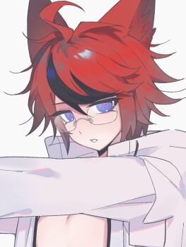1boy ahoge androgynous animal_ears bespectacled black_streaks blue_eyes commentary_request fox_ears glasses highres jacket looking_at_viewer male_focus mercury_403 parted_lips portrait red_hair solo the_hundred_line_-last_defense_academy- unzipped white_jacket