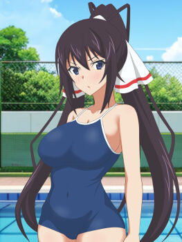 1girl black_hair blue_eyes blue_one-piece_swimsuit blue_sky breasts chain-link_fence cloud commentary_request competition_school_swimsuit covered_navel cowboy_shot day fence hair_ribbon hata_(pixiv10403940) high_ponytail highres infinite_stratos large_breasts one-piece_swimsuit outdoors ponytail pool ribbon school_swimsuit shinonono_houki sky solo split_ponytail standing swimsuit white_ribbon