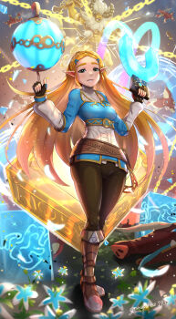 1girl bokoblin bomb boots chain cryokinesis explosion explosive fingerless_gloves gloves glowing gonzarez highres hyrule_warriors hyrule_warriors:_age_of_calamity ice long_hair looking_at_viewer lynel magnet moblin monster nintendo parted_lips pointy_ears princess_zelda sheikah_slate smile standing stasis_(rune) the_legend_of_zelda the_legend_of_zelda:_breath_of_the_wild time_manipulation time_stop