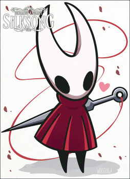 1girl artist_name black_eyes cloak commentary copyright_logo english_commentary full_body heart highres hollow_knight hollow_knight:_silksong hornet_(hollow_knight) logo mixed-language_commentary needle red_cloak sewing_needle shadow simple_background solo standing string white_background woofzilla