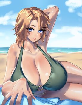 1girl arm_behind_head bare_shoulders beach bikini bleach bleach:_sennen_kessen-hen blonde_hair blue_eyes blue_sky breasts cloud collarbone female_focus highres large_breasts looking_at_viewer lying matsumoto_rangiku medium_hair ocean on_side parted_lips quanero sand shiny_skin sky strawberry_blonde swimsuit water