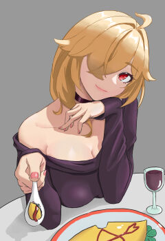 1girl 9_xiansheng_0o0 absurdres black_choker blonde_hair breasts chenxue_(honkai_impact) choker grey_background hair_over_one_eye highres honkai_(series) honkai_impact_3rd large_breasts long_hair looking_at_viewer original red_eyes shirt simple_background smile solo solo_focus