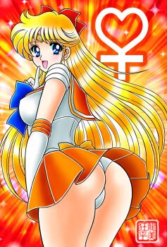 1girl aino_minako ass back_bow bishoujo_senshi_sailor_moon blonde_hair blue_bow blue_bowtie blue_eyes bow bowtie breasts cameltoe choker clothes_lift earrings elbow_gloves gloves heart highres jewelry long_hair miniskirt orange_choker orange_sailor_collar orange_skirt panties pleated_skirt red_bow sailor_collar sailor_senshi_uniform sailor_venus shirt skirt skirt_lift solo tatsumi_kyouhei underwear venus_symbol white_gloves white_panties white_shirt yellow_bow