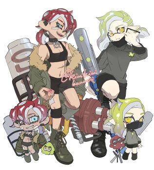 1boy 1girl artist_name black_collar black_shorts blue_eyes boots breasts chibi chibi_inset cleavage collar cross-laced_footwear e-liter_4k_(splatoon) eyebrow_cut eyelashes flat_chest fur-trimmed_jacket fur_trim green_footwear green_hair green_jacket gun hair_over_one_eye highres holding holding_gun holding_weapon hydra_splatling_(splatoon) inkling inkling_boy inkling_player_character jacket kiwi_splatoon knee_strap mask medium_hair mouth_mask multiple_views navel nintendo octoling octoling_girl octoling_player_character octopus one_eye_closed open_clothes open_jacket open_mouth parted_lips red_hair short_shorts shorts simple_background small_breasts smile splatoon_(series) splatoon_3 squid standing standing_on_one_leg teeth tentacle_hair unworn_mask weapon white_background yellow_eyes