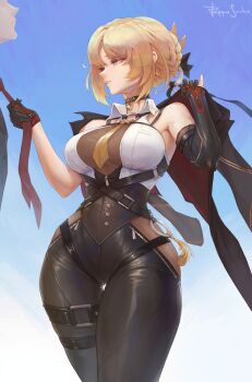 1boy 1girl artist_name asymmetrical_gloves black_choker black_gloves black_jacket black_pants blonde_hair braid breasts bun_with_braided_base chest_harness choker clothes_grab collared_shirt cowboy_shot elbow_gloves evelyn_chevalier gloves hair_bun harness high-waist_pants highres jacket jacket_on_shoulders large_breasts looking_at_another necktie necktie_grab neckwear_grab pants pappaserho parted_lips purple_eyes red_gloves red_necktie ring_hair_ornament see-through_cleavage see-through_clothes shirt short_hair single_hair_bun sleeveless sleeveless_shirt solo_focus standing thick_thighs thighs two-tone_gloves uneven_gloves white_shirt yellow_necktie zenless_zone_zero
