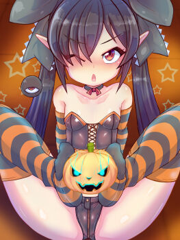 1girl arm_support backbeako_(torotei) backbeard black_choker black_corset black_gloves black_hair black_ribbon black_thighhighs blue_eyes blush breasts chestnut_mouth choker collarbone commentary_request corset crotch_zipper denim_panties elbow_gloves eyes_visible_through_hair feet female_focus flaming_eyes foot_pussy gegege_no_kitarou gloves hair_over_one_eye hair_ribbon halloween highres jack-o'-lantern loli long_hair looking_at_viewer one_eye_closed open_mouth orange_background orange_gloves orange_thighhighs original paid_reward_available partial_commentary pointy_ears pumpkin red_eyes ribbon ringed_eyes simple_background simulated_footjob sitting small_breasts soles solo spread_legs star_(symbol) straight-on striped_clothes striped_gloves striped_thighhighs thighhighs torotei twintails variant_set zipper