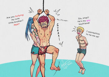 Rule 34 | 1girl, 2boys, angry, arms behind back, bound ankles, brother and sister, bulge, chain, erection, erection under clothes, multiple boys, nicoaken, shibari, siblings, squeezing testicles, testicles