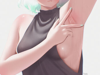 1girl :3 absurdres alternate_costume andrl arm_up armpits bare_arms black_shirt breasts commentary english_commentary fang gradient_hair green_hair green_nails halter_shirt halterneck head_out_of_frame highres indie_virtual_youtuber mint_fantome multicolored_hair nail_polish shirt short_hair simple_background skin_fang sleeveless sleeveless_shirt small_breasts solo spread_armpit virtual_youtuber white_background white_hair