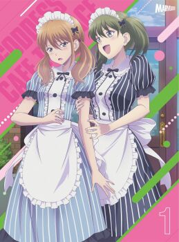 2girls :d absurdres anime_coloring apron aqua_dress back_ribbon black_ribbon blu-ray_cover blush breasts brown_hair center_frills chiyoda_ririka cloud copyright_name cover door dress familia_uniform frilled_apron frilled_dress frilled_shirt_collar frilled_sleeves frills green_dress green_eyes green_hair hair_between_eyes hair_ribbon hair_tie hand_on_another's_arm highres large_breasts looking_ahead looking_at_another maid maid_headdress marvelous medium_dress megami_no_cafe_terrace multiple_girls neck_ribbon noguchi_masatsune numbered official_art open_mouth puffy_short_sleeves puffy_sleeves ribbon rounded_collar second-party_source short_sleeves sky small_breasts smile standing striped_clothes striped_dress tsukishima_riho twintails vertical-striped_clothes vertical-striped_dress waist_apron wavy_eyebrows white_apron white_headdress white_ribbon window