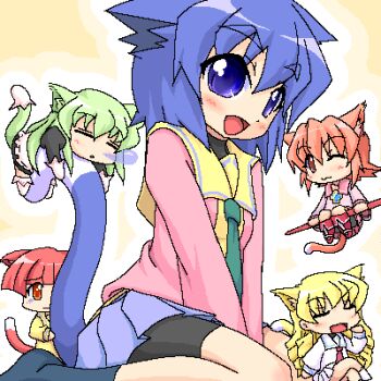 00s 5girls animal_ears behoimi blonde_hair blue_eyes blue_hair cat_ears cat_tail k10k lowres media_(pani_poni) miyata_akira multiple_girls nanjou_misao pani_poni_dash! school_uniform serafuku serizawa_akane short_hair shorts shorts_under_skirt tail