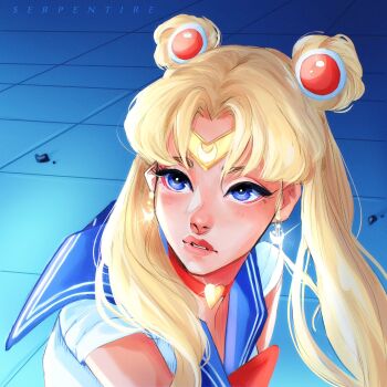 1girl artist_name bishoujo_senshi_sailor_moon bishoujo_senshi_sailor_moon_s blonde_hair blue_eyes blue_sailor_collar bow bowtie choker circlet commentary crescent crescent_earrings double_bun earrings english_commentary glint hair_bun heart heart_choker highres jewelry looking_to_the_side magical_girl meme parted_bangs pink_lips red_bow red_bowtie sailor_collar sailor_moon sailor_moon_redraw_challenge_(meme) sailor_senshi_uniform serpentire solo tsukino_usagi twintails