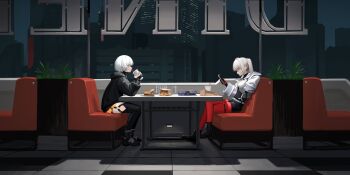 2girls bag bendy_straw booth_seating building burger cellphone cheese city city_lights cityscape cup diner dinner disposable_cup dress drink drinking drinking_straw drinking_straw_in_mouth eating expressionless fast_food food food_in_mouth food_wrapper french_fries full_body gloves grey_hair hair_ornament highres holding holding_cup holding_drink holding_food jacket kawara_pigeon ketchup lettuce long_hair long_sleeves looking_at_another looking_at_object looking_at_phone looking_down meat milkshake multiple_girls napkin_holder night original paper_bag pepper_shaker phone red_eyes restaurant scenery sesame_seeds shirt short_hair sitting skirt sky skyline smartphone soda stool text_messaging tomato tomato_slice white_shirt