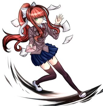 Rule 34 | 1girl, artist request, blue skirt, bow, commentary, danganronpa (series), doki doki literature club, doki doki literature club school uniform, english commentary, green eyes, highres, holding, holding letter, komatsuzaki rui (style), letter, love letter, monika (doki doki literature club), paper, parody, ponytail, red bow, red hair, school uniform, shoes, skirt, style parody, third-party source, waving, white background, white bow, white shoes