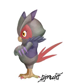 beak bird brown_eyes claws digimon digimon_(creature) digimon_savers falcomon_(digimon_savers) from_side full_body highres nimadj no_humans signature simple_background solo white_background