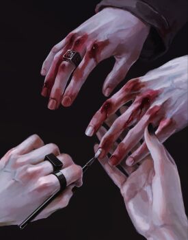 Rule 34 | 0pa9ue4, 2others, black nails, bleeding, blood, bruise on hand, hand focus, hand on another's hand, highres, holding, holding paintbrush, injury, jewelry, multiple others, multiple rings, original, out of frame, outstretched hand, paintbrush, painting (action), ring, veins