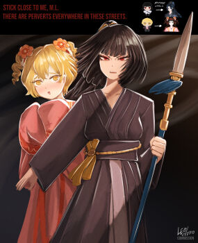 1boy 3girls absurdres black_hair blonde_hair blue_hair blush bob_cut breasts brown_hair chinese_clothes collarbone commentary crossdressing crossdressing_(mtf) drill_hair english_commentary english_text flower hanfu head_ornament hetero highres holding holding_polearm holding_weapon jade_pendant leoderorero limbus_company lin_daiyu_(project_moon) long_hair long_sleeves looking_at_viewer multiple_girls open_mouth orange_flower pink_hanfu pink_robe polearm project_moon qixiong_ruqun red_eyes robe ryoshu_(project_moon) short_bangs short_hair simple_background sinclair_(project_moon) small_breasts smile spear stuffed_toy tassel twin_drills weapon xue_baochai_(project_moon) yellow_eyes