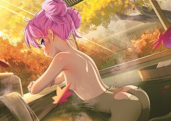 1girl alternate_hairstyle ass autumn_leaves bad_id bad_twitter_id bathing blush bottle breasts bucket censored censored_nipples closed_mouth commentary_request completely_nude convenient_censoring cowboy_shot day double_bun female_focus from_side hair_bun hair_up hiiragi_kagami ichimi_renge leaf leaf_censor light_rays lucky_star nude onsen outdoors partially_submerged pink_hair profile purple_eyes second-party_source small_breasts solo steam tree unfinished water