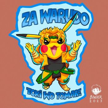 2023 :3 bernhard_binder blonde_hair blush_stickers brown_background color_connection commentary cosplay dio_brando dio_brando_(cosplay) english_commentary evil_smile full_body gen_1_pokemon green_headband headband heart jacket jojo_no_kimyou_na_bouken knee_pads nintendo no_humans pants pikachu pointy_shoes pokemon pokemon_(creature) shoes signature smile solo stardust_crusaders time_stop yellow_jacket yellow_pants za_warudo