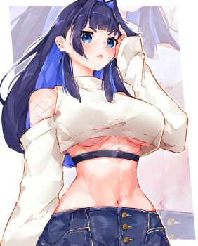 1girl blue_eyes blue_hair blunt_bangs blush breasts colored_inner_hair cropped_shirt denim ear_piercing hair_intakes high-waist_pants highres hololive hololive_english large_breasts long_hair long_sleeves ma_draws midriff multicolored_hair navel official_alternate_costume open_mouth ouro_kronii ouro_kronii_(casual) pants piercing solo sweater turtleneck underboob virtual_youtuber white_sweater zoom_layer