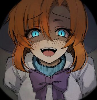 1girl blue_eyes blue_shirt blush bow bowtie breasts commentary hair_between_eyes highres higurashi_no_naku_koro_ni laughing medium_breasts medium_hair open_mouth orange_hair parted_bangs puffy_short_sleeves puffy_sleeves purple_bow purple_bowtie ryuuguu_rena school_uniform shaded_face shirt short_sleeves sketch slit_pupils smile solo upper_body vignetting white_shirt yuno_ff