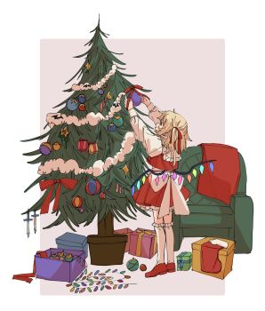 1girl arms_up blonde_hair box christmas_lights christmas_ornaments christmas_stocking christmas_tree commentary_request couch decorating_christmas_tree flandre_scarlet full_body gift gift_box hair_ribbon highres hua88331 kneehighs knife long_hair long_sleeves outstretched_arms red_ribbon red_shoes red_skirt red_vest ribbon shirt shoes skirt socks solo standing star_(symbol) touhou vest white_shirt white_socks