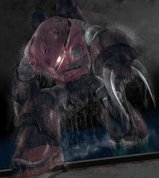 3d char_aznable claws glowing glowing_eye gundam looking_at_viewer machinery mecha mobile_suit_gundam no_humans rain robot takemori_shintarou water z'gok z'gok_char_custom