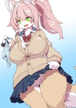 1girl animal_ear_fluff animal_ears blue_background blush bow bowtie breasts cleft_of_venus clothes_lift female_focus flashing furry furry_female green_eyes holding holding_panties holding_underwear kiori_nezumi long_hair looking_at_viewer no_panties open_mouth original panties pink_hair ponytail pussy skirt skirt_lift smile solo tail underwear upskirt
