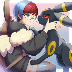 1girl backpack bag black-framed_eyewear black_sweater blue_hair blurry blurry_background bob_cut border brown_eyes closed_mouth colored_sclera eevee eye_contact female_focus from_side gen_1_pokemon gen_2_pokemon glasses grey_pantyhose hand_up hands_up happy highres hood hood_down hooded_sweater long_sleeves looking_at_another miniskirt misubaru_rin multicolored_hair nintendo objectification one_eye_closed outline outside_border pantyhose parted_lips penny_(pokemon) pleated_skirt pokemon pokemon_(creature) pokemon_sv profile red_eyes red_hair red_sclera round_eyewear see-through_clothes see-through_skirt short_hair skirt smile solo squatting sweater teeth two-tone_hair umbreon white_border white_outline
