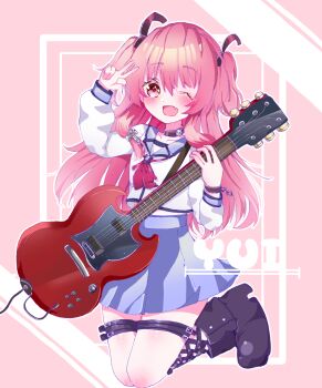 1girl angel_beats! black_boots blue_skirt boots brown_collar character_name collar commentary_request cross_hair_ornament electric_guitar fang gibson_sg guitar hair_ornament hair_ribbon hamaguri_mafuyu highres holding holding_guitar holding_instrument instrument leg_belt long_hair looking_at_viewer one_eye_closed open_mouth outline pink_background pink_hair pink_ribbon pleated_skirt red_eyes ribbon shinda_sekai_sensen_uniform skin_fang skirt solo two_side_up v white_outline yui_(angel_beats!)