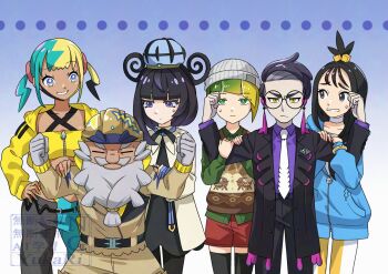 ... 2boys 4girls :| aqua_hair aqua_nails aqua_pants bandeau beanie beard black_dress black_hair black_jacket black_pants black_pantyhose black_thighhighs blonde_hair blue_eyes blue_gloves blue_hoodie blunt_bangs bob_cut canari_(pokemon) choppy_bangs closed_eyes closed_mouth coat corbeau_(pokemon) cropped_jacket cube_hair_ornament dark-skinned_female dark-skinned_male dark_skin dress earrings eyelashes facial_hair glasses gloves gradient_hair green_eyes green_hair green_shirt gwynn_(pokemon) hair_ornament hand_on_own_hip hard_hat harmony_(pokemon) hat helmet highres holding_another&#039;s_arm hood hoodie jacket jewelry lida_(pokemon) looking_at_another looking_at_viewer multicolored_hair multicolored_nails multiple_boys multiple_girls necktie nintendo old old_man open_clothes open_coat open_jacket open_mouth pants pantyhose partially_fingerless_gloves pokemon pokemon_legends:_z-a purple_eyes purple_hair purple_shirt red_shorts round_eyewear shirt short_hair shorts split-color_clothes split-color_hair sweatdrop tarragon_(pokemon) thighhighs twintails two-tone_nails two-tone_pants white_coat white_gloves white_necktie yellow_bandeau yellow_eyes yellow_jacket yellow_nails yukari_(yukari21653710)
