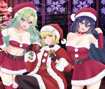 3girls :d :t alternate_costume b_eaka bambietta_basterbine bare_shoulders belt black_belt black_eyes black_hair black_pantyhose bleach bleach:_brave_souls bleach:_sennen_kessen-hen blunt_bangs blunt_ends blush bob_cut breasts candice_catnipp choker christmas christmas_ornaments christmas_tree cleavage closed_mouth coat collarbone commentary cookie cowboy_shot cup detached_sleeves dress eating food food_on_face fur-trimmed_coat fur-trimmed_dress fur-trimmed_skirt fur-trimmed_sleeves fur_trim green_eyes green_hair hair_between_eyes hand_on_own_hip happy hat head_tilt heart heart_choker heart_print highres holding holding_cup holding_food indoors jewelry large_breasts liltotto_lamperd long_hair long_sleeves looking_at_viewer multiple_girls necklace night official_alternate_costume open_mouth pantyhose pom_pom_(clothes) red_choker red_coat red_dress red_skirt santa_costume santa_dress santa_hat short_dress short_hair single_bare_shoulder skirt smile strapless strapless_dress teeth upper_teeth_only very_long_hair wide_sleeves window yellow_eyes