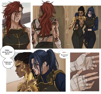 3girls arcane:_league_of_legends arcane_caitlyn arcane_vi arm_tattoo bandaged_arm bandages bare_shoulders blood blood_on_clothes blood_on_face blood_splatter blue_eyes blue_hair breasts brown_hair caitlyn_(league_of_legends) cleavage close-up collarbone colored_veins commentary couple dark-skinned_female dark_skin dreadlocks english_commentary english_text formal_clothes glitter glitter_makeup gold_tattoo hair_up high_ponytail highres injury league_of_legends leaning_on_person leaning_to_the_side long_hair looking_at_viewer looking_to_the_side marceline2174 mel_(league_of_legends) multiple_girls muscular muscular_female pants parted_lips police police_uniform ponytail shade speech_bubble standing suit sweatdrop tattoo upper_body very_dark_skin vi_(league_of_legends) yellow_eyes yuri