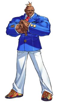Rule 34 | 1boy, absurdres, blazer, blonde hair, boman delgado, collared shirt, cracking knuckles, dark skin, edaki shin'ya, game cg, highres, jacket, justice gakuen, legs apart, looking to the side, male focus, moero! justice gakuen, mohawk, necktie, non-web source, official art, pants, red necktie, shirt, shoes, simple background, smile, sneakers, solo, standing, white background, white pants, white shirt