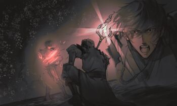 1boy absurdres armor baggy_pants black_robe caustics commentary constricted_pupils cracked_skin dutch_angle english_commentary from_behind glowing highres kneeling logicsterrr male_focus multiple_persona multiple_views on_one_knee open_mouth pants ripples robe screaming shadow_slave shoulder_armor snow staff sunny_(shadow_slave) water