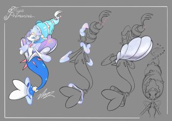 1other blawn_z blue_eyes character_name clam commentary english_commentary fakemon fins full_body gen_7_pokemon high_ponytail highres long_eyelashes long_hair mega_pokemon mermaid monster_girl multiple_views nintendo no_humans no_pupils pearl_hair_ornament pokemon pokemon_(creature) pokemon_focus pokemon_legends:_z-a ponytail primarina reference_sheet starfish tail tiara very_long_hair white_fur